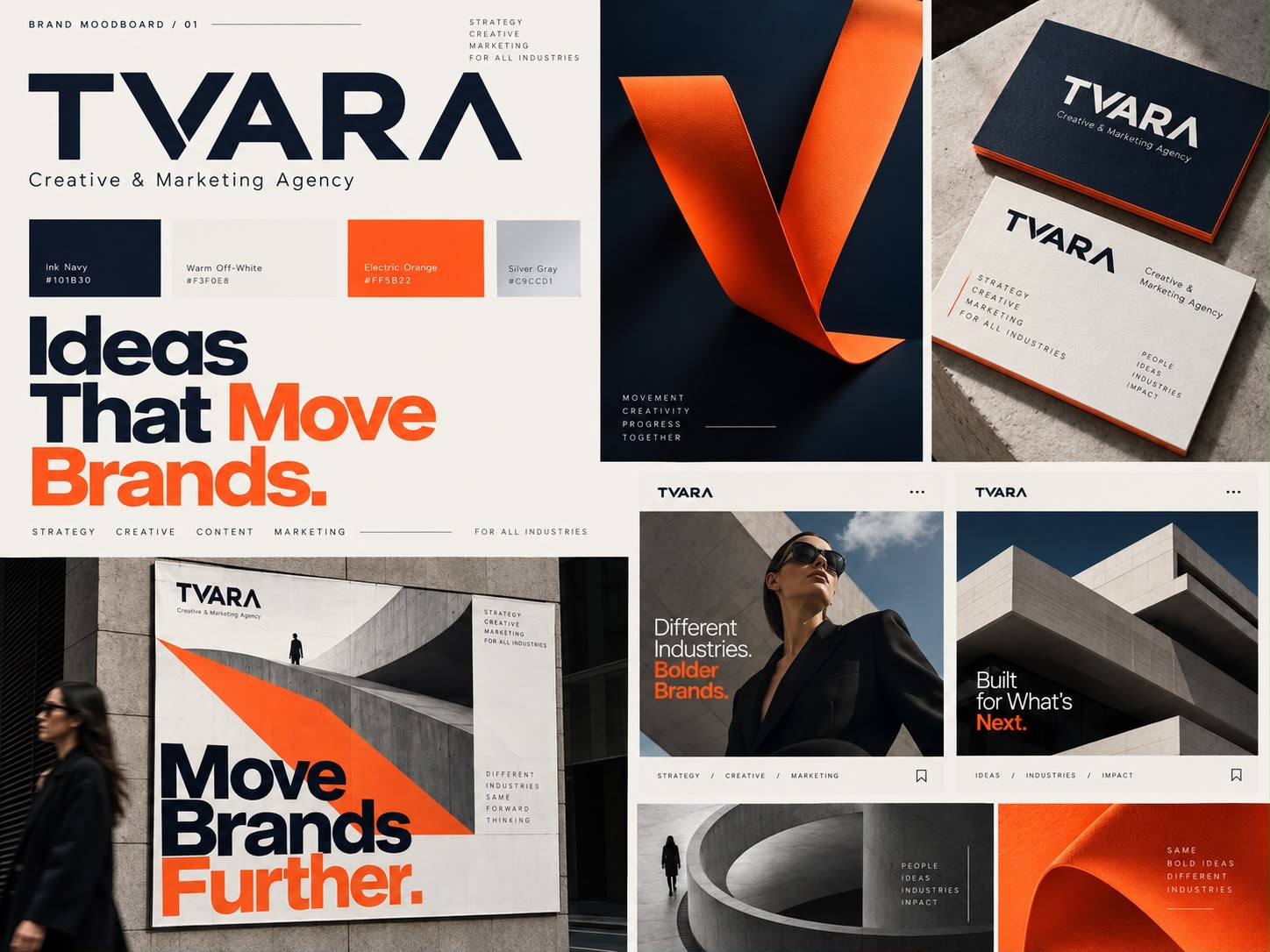 TVARA brand board: logo, colour palette and campaign visuals